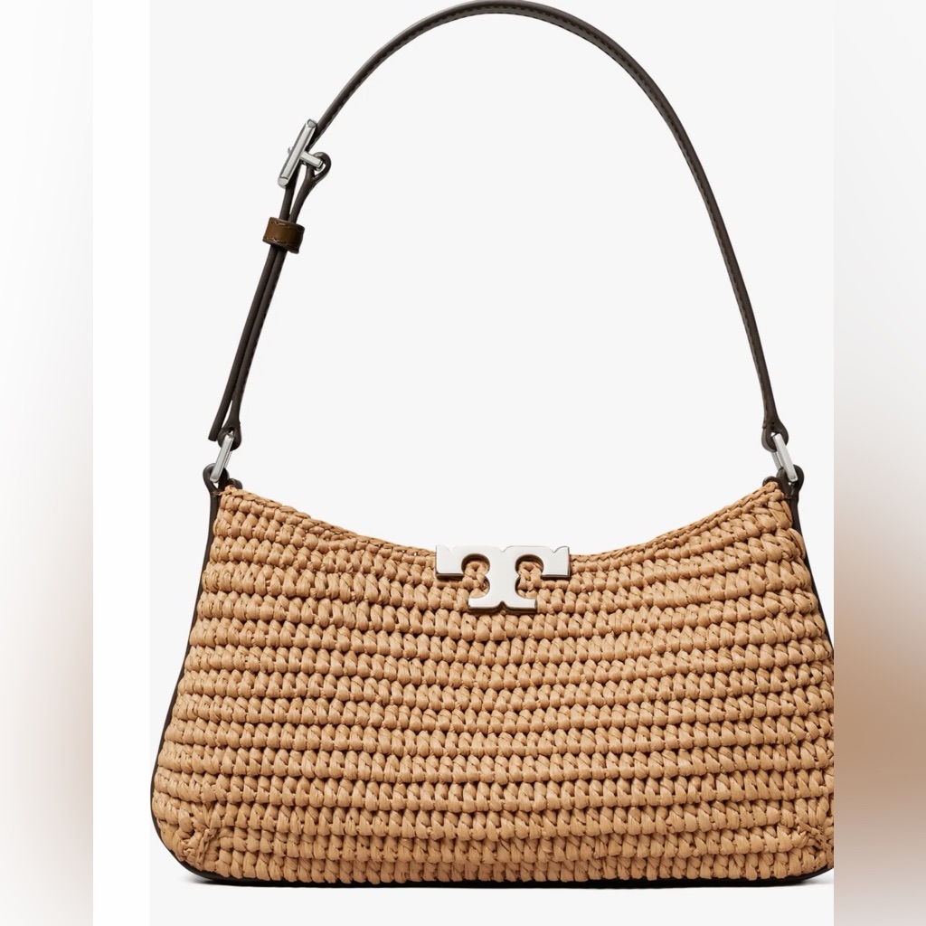 Tory Burch Tan Raffia Shoulder Bag With Dark Brown Strap And Silver Logo